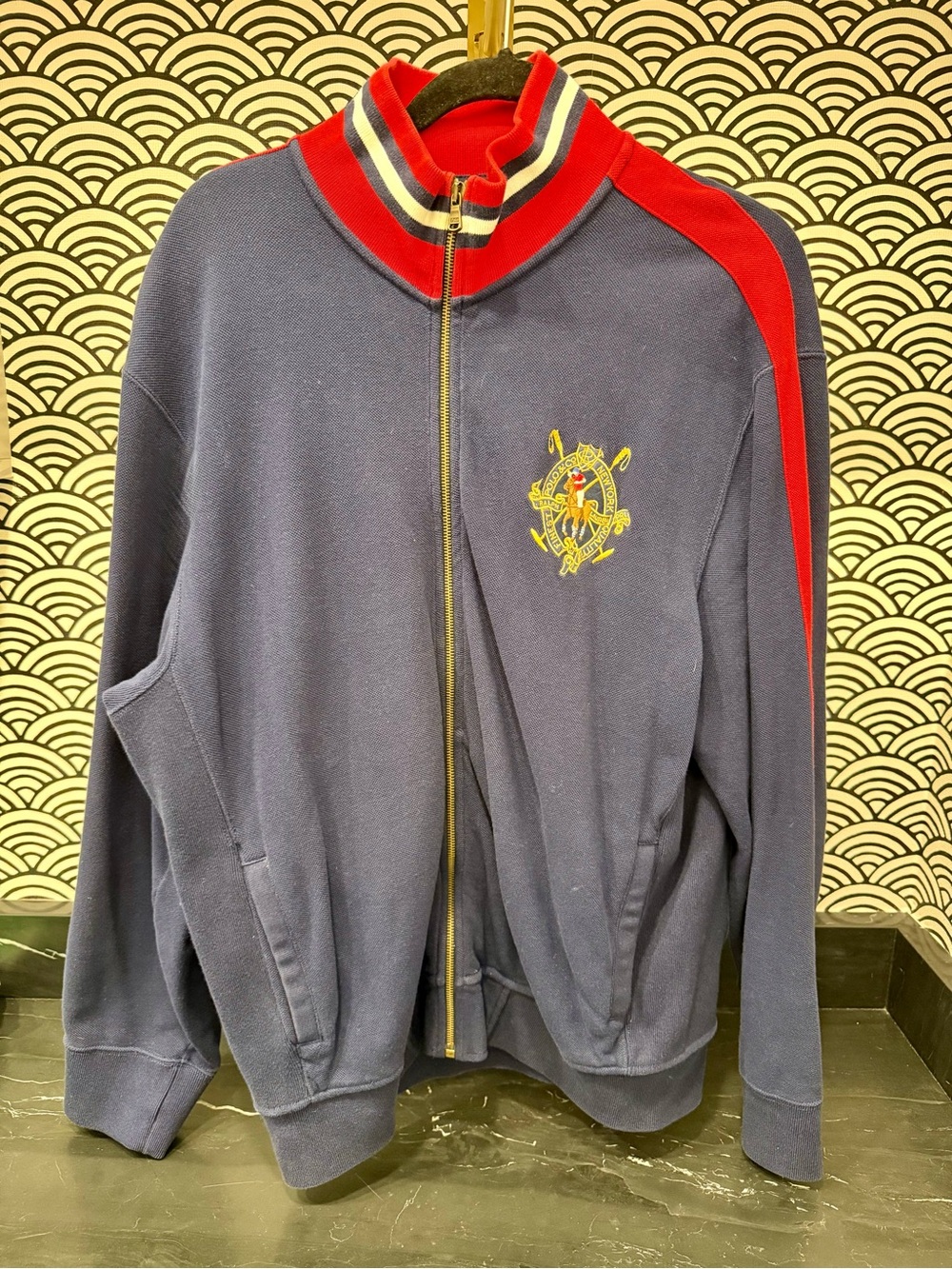 Ralph Lauren Navy Zip-Up Sweater with Red Trim